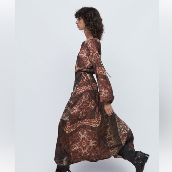 Zara Dresses & Skirts - ZARA PRINTED MIDI DRESS ROUND NECK BALLOON SLEEVES, PRAIRIE, BOHO, FARM,…